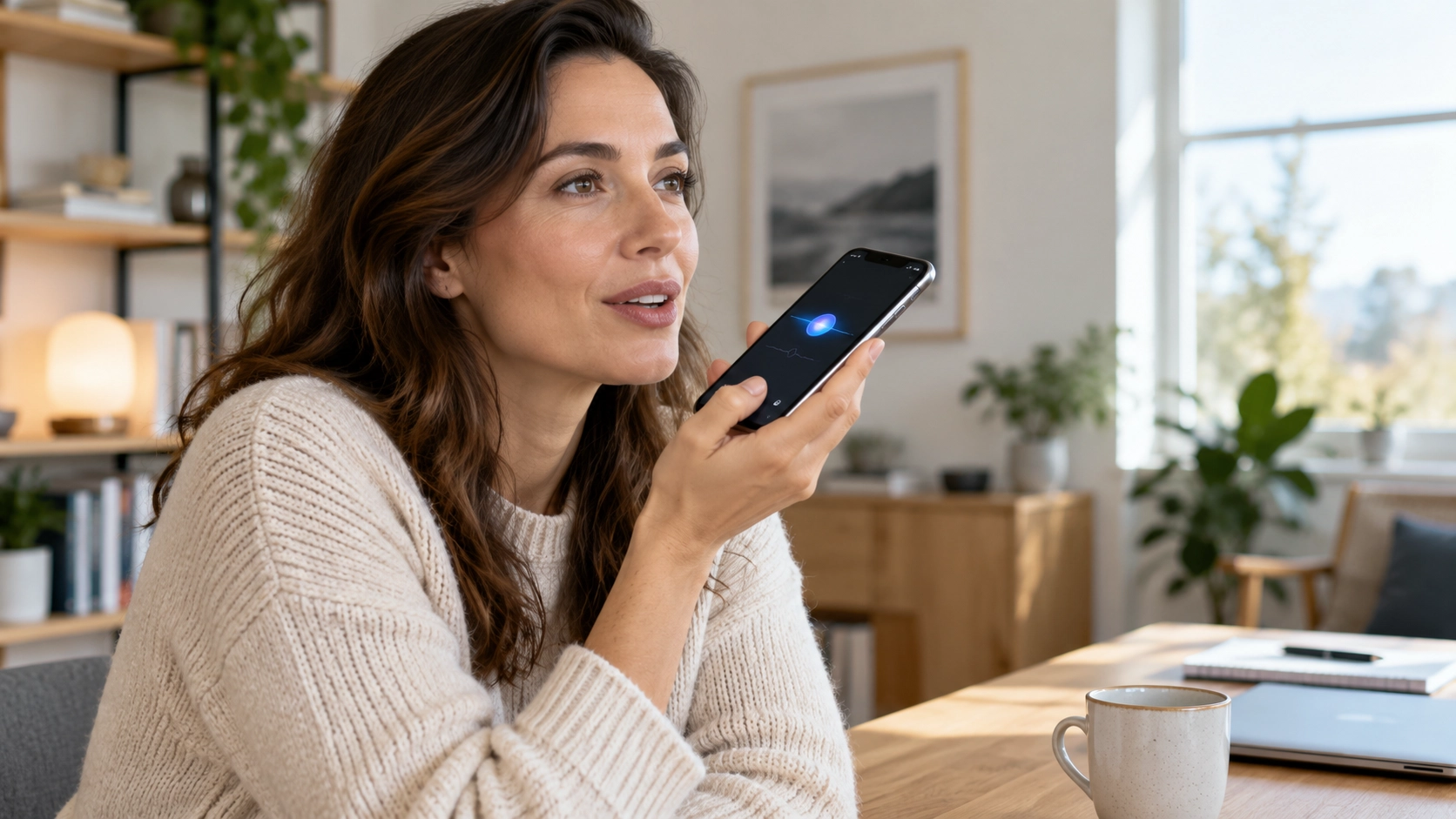 Kvinde taler til AI-assistent på sin smartphone. Et eksempel på hvordan mennesker søger efter information ved at stille spørgsmål med stemmen.